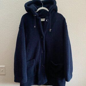 Sandro Fleece Jacket Navy Blue Lined Button Up Large Hooded Polyester Acrylic